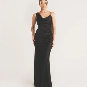 asymmetrical Black satin maxi Dress